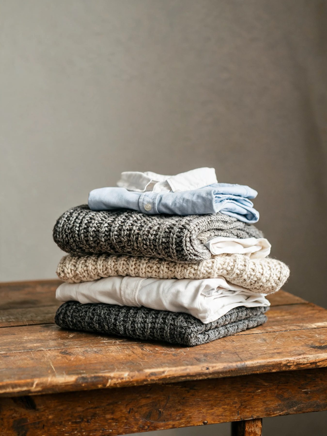 Folded knitwear and shirts stacked on a worn oak table