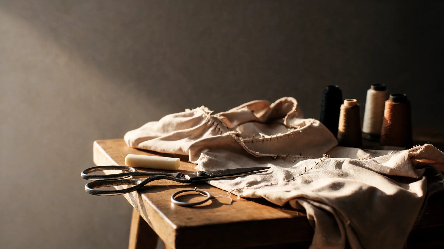 Workroom bench with shears, chalk and thread